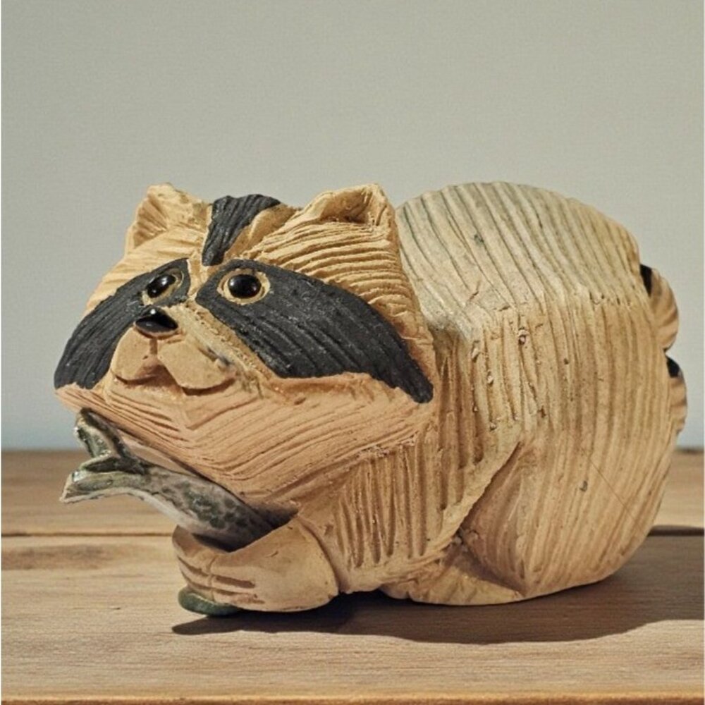 Vtg 1970's Artesania Rinconada Handcrafted Raccoon with Fish Figurine Signed Ret